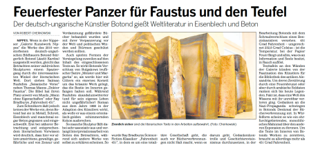 Presseartikel 19.03.2015 | Kölnische Rundschau Feuerfester Panzer für Faustus und den Teufel VON ROBERT CHERKOWSKI/NIPPES